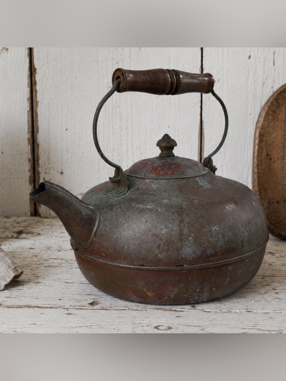 Vintage Rustic Revere Ware 1801 Copper Tea Kettle Rome NY 1984 Wood Handle Lid